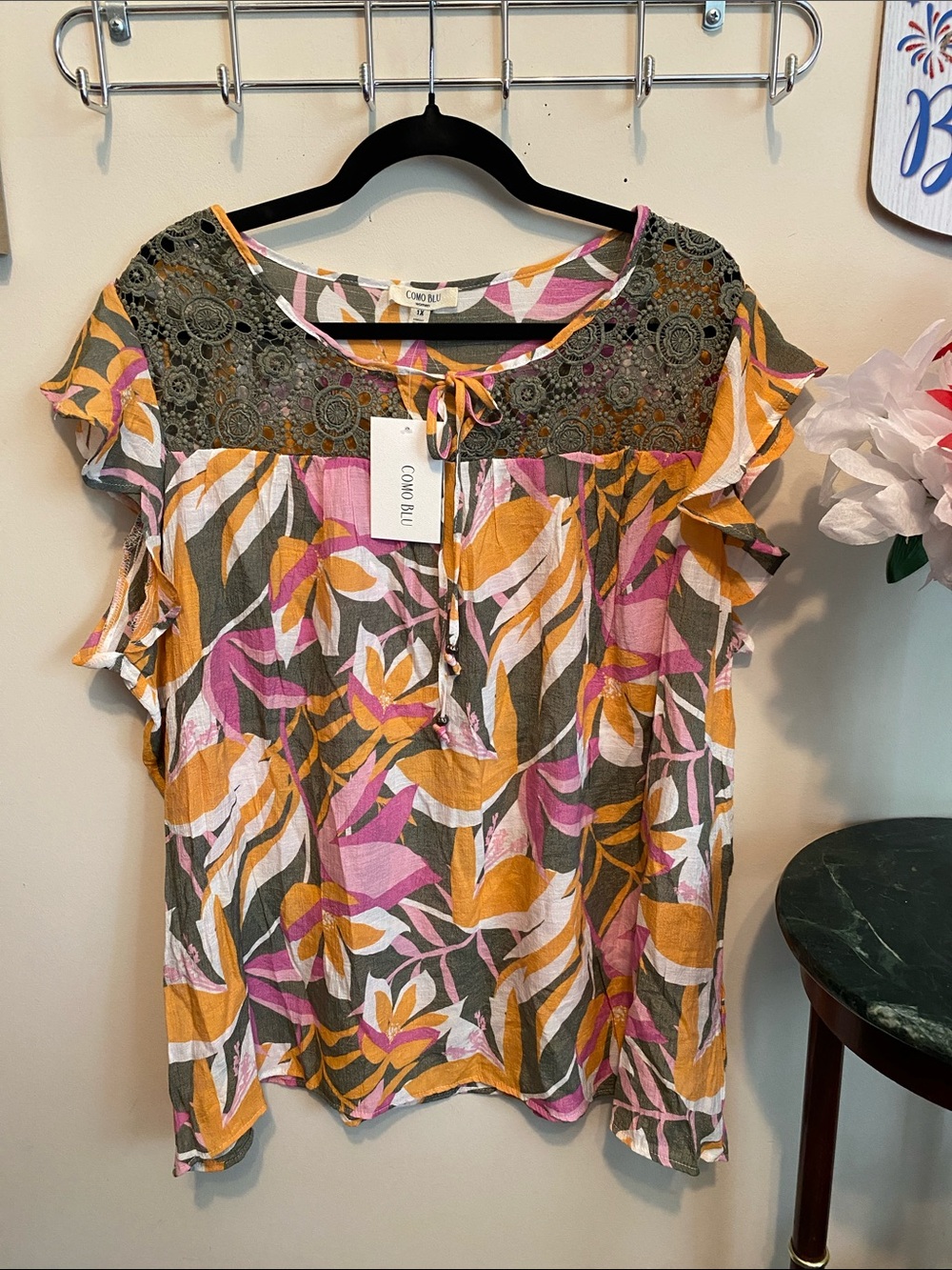 NWT COMO BLU Women's Floral Lace Yoke Blouse - Pink, Mustard & Olive Size 1X